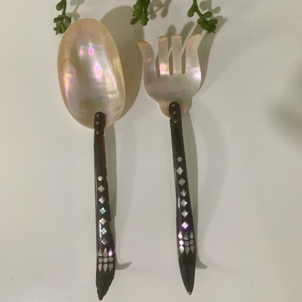 VTG~ Mother Of Pearl Shell 2 Piece Antique Victorian Serving Spoon Fork Set